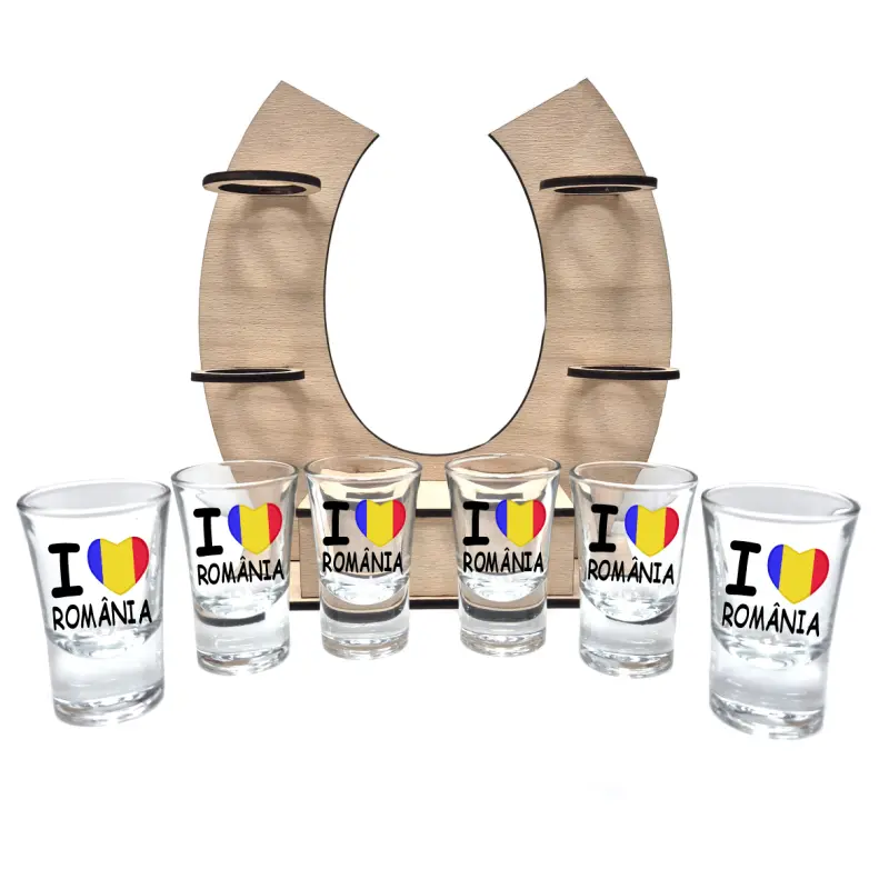 I love romania, suport potcoava din lemn cu 6 pahare tip shout, model hgs024